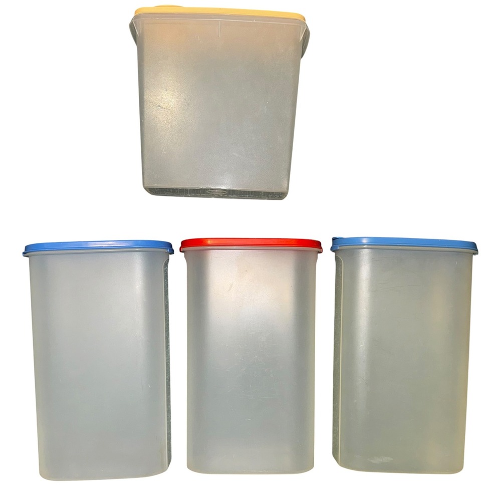 Vintage Tupperware MCM Modular Mates 4 Piece Set Clear Red Blue Yellow Lids - Picture 2 of 7
